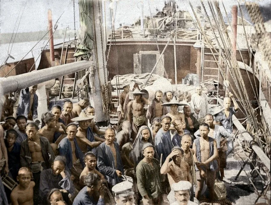 Coolies on a ship on the way to colonial Singapore
